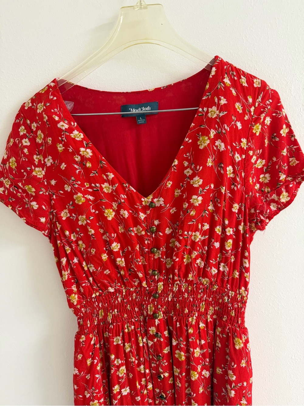 Modcloth Red Floral Midi Dress with Smocked Waist - Picture 3 of 3